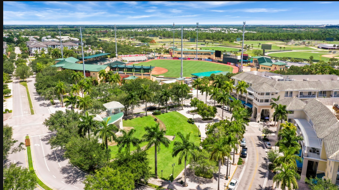 Aerial view of Roger Dean Stadium and Downtown Abacoa